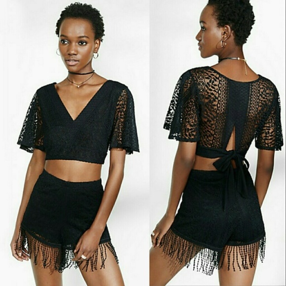 Express Tops - Black Lace Open Tie Back Crop Top